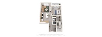 A floor plan of an apartment with a kitchen, living room, and bathroom.