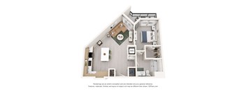 A 3D floor plan of a small apartment with a kitchen, living room, and bedroom.