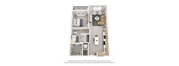 A 3D floor plan of an apartment with a kitchen, living room, and bathroom.