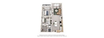 A floor plan of an apartment with a kitchen, living room, and bedroom.