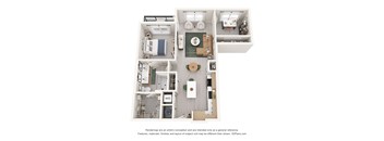 A 3D floor plan of a house with a kitchen, living room, and bathroom.
