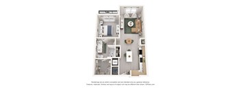 A floor plan of an apartment with a kitchen, living room, and bathroom.