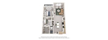 A floor plan of an apartment with a kitchen, living room, and bedroom.