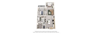 A floor plan of an apartment with a kitchen, living room, and bathroom.