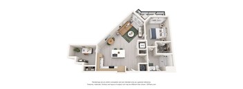 A 3D floor plan of a house with a kitchen, living room, and bathroom.