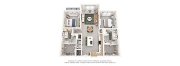A 3D floor plan of a house with a kitchen, living room, and bathroom.