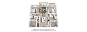 A 3D floor plan of a house with a kitchen, living room, and bathroom.