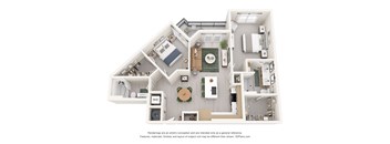 A 3D floor plan of an apartment with a kitchen, living room, and bedrooms.
