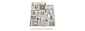 A 3D floor plan with a kitchen, living room, and bathrooms.