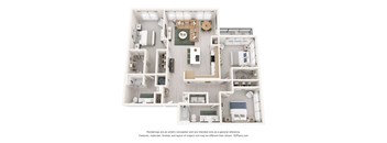 A 3D floor plan with a kitchen, living room, and two bedrooms.