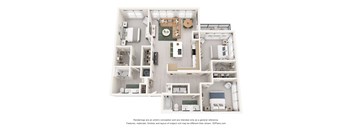 A 3D floor plan with a kitchen, living room, and two bedrooms.