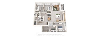 A 3D floor plan of a house with a kitchen, living room, and two bedrooms.
