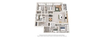 A 3D floor plan with a kitchen, living room, and two bedrooms.