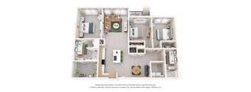 A 3D floor plan of a house layout.