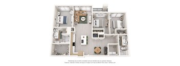 A 3D floor plan of a house with a kitchen, living room, and bathroom.