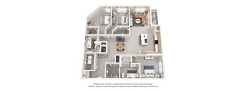 A 3D floor plan of a house with a kitchen, living room, and bedrooms.