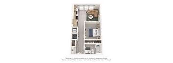 A 3D floor plan of a small apartment with a kitchen, living room, and bathroom.