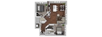 A top-down view of a modern apartment layout with a living room, kitchen, and bedrooms.