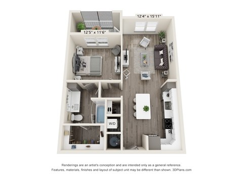 A 3D floor plan of a small apartment with a kitchen, living room, and bathroom.