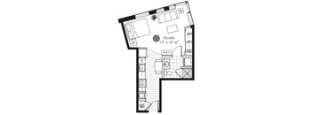 A black and white floor plan of a studio apartment with a studio labeled.