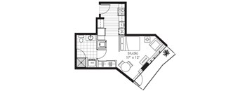 A floor plan of a studio apartment sized 17' x 12' with a kitchen, living room, and bedroom.