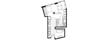 A floor plan of a studio apartment with dimensions and furniture layout.