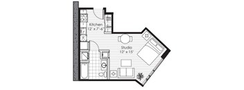A black and white floor plan of a house with a kitchen and a studio.