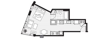 A floor plan of a studio apartment is shown with dimensions.