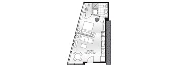 A floor plan of a studio apartment with a studio labeled and dimensions.