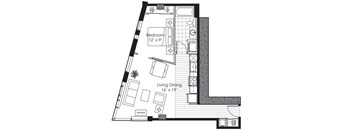A floor plan of a room with a bedroom and a living dining area.