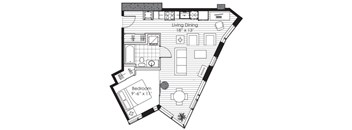 A black and white floor plan of a small apartment with a living room, dining room, and bedroom.