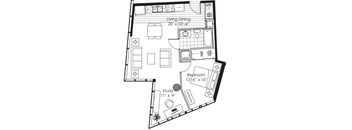 A floor plan of a small apartment with a living dining area, bedroom, and study.