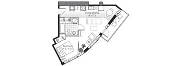 A black and white image of a floor plan for a living dining room and bedroom.