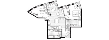 A black and white image of a house floor plan with two bedrooms, a living dining area, and a kitchen.