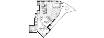 A black and white image of a floor plan for a living space.