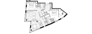 A black and white image of a floor plan for a house with two bedrooms, a living room, and a dining area.