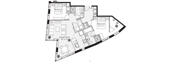 A black and white image of a floor plan for a house with two bedrooms, a living room, and a dining area.