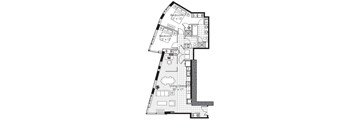 A black and white image of a house floor plan with two bedrooms and a living dining area.