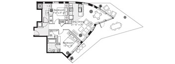 A black and white image of a floor plan for a house with two bedrooms and a living dining area.