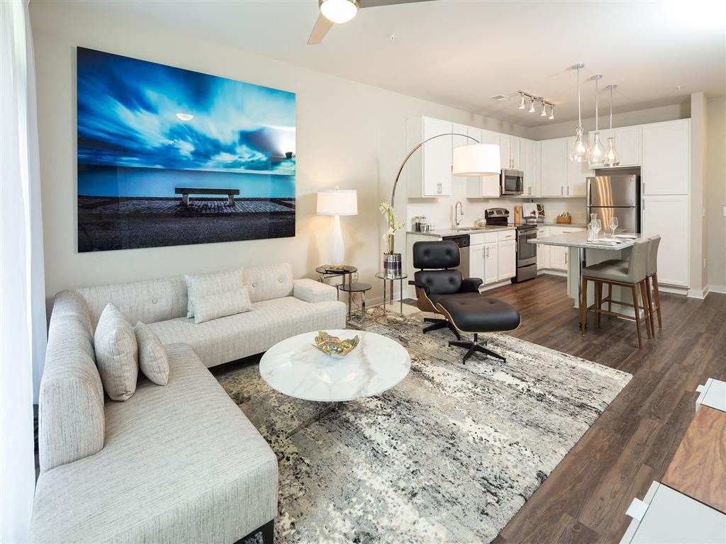 a living room with a couch and a table