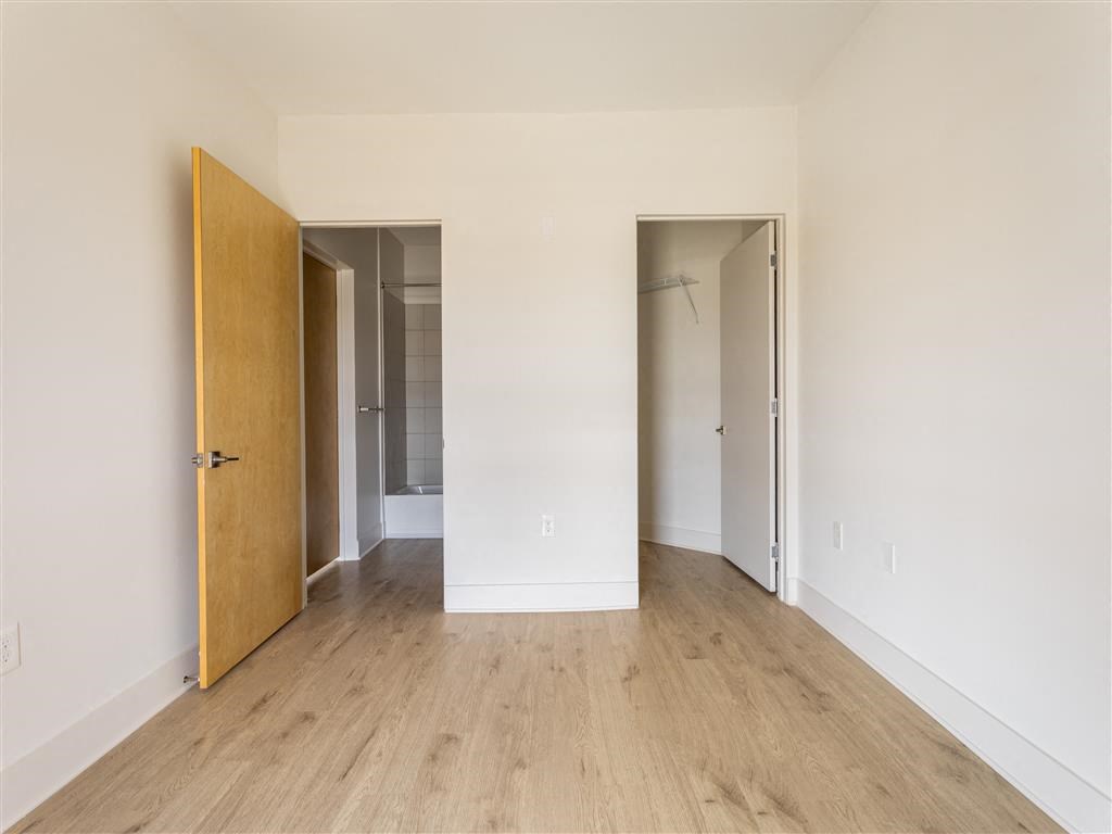 a bedroom with a closet and a door