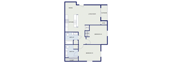 A floor plan of a house with a dining room, living room, kitchen, two bathrooms, two bedrooms, and a utility space.