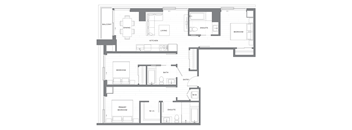 A floor plan of a house with a kitchen, living room, dining room, and multiple bathrooms.