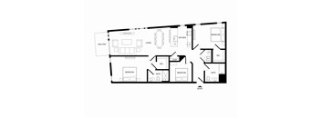 A black and white floor plan of a house with a balcony, living room, kitchen, two bedrooms, two bathrooms, a coat closet, and an entry.