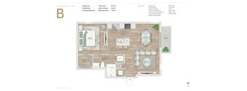 A floor plan of a garden flat with a kitchen, living room, and two bedrooms.