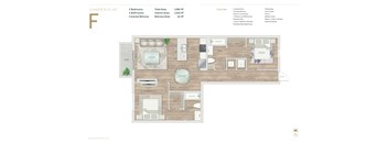 A floor plan of a garden flat with a kitchen, living room, and two bedrooms.