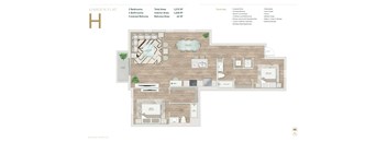A floor plan of a garden flat with a kitchen, living room, and two bedrooms.