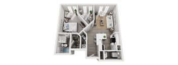 a stylized floor plan with a bedroom and a living room