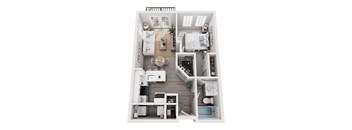 a stylized floor plan of a house with a bedroom and living room