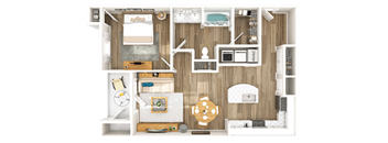 A detailed 3D floor plan of a small apartment layout.